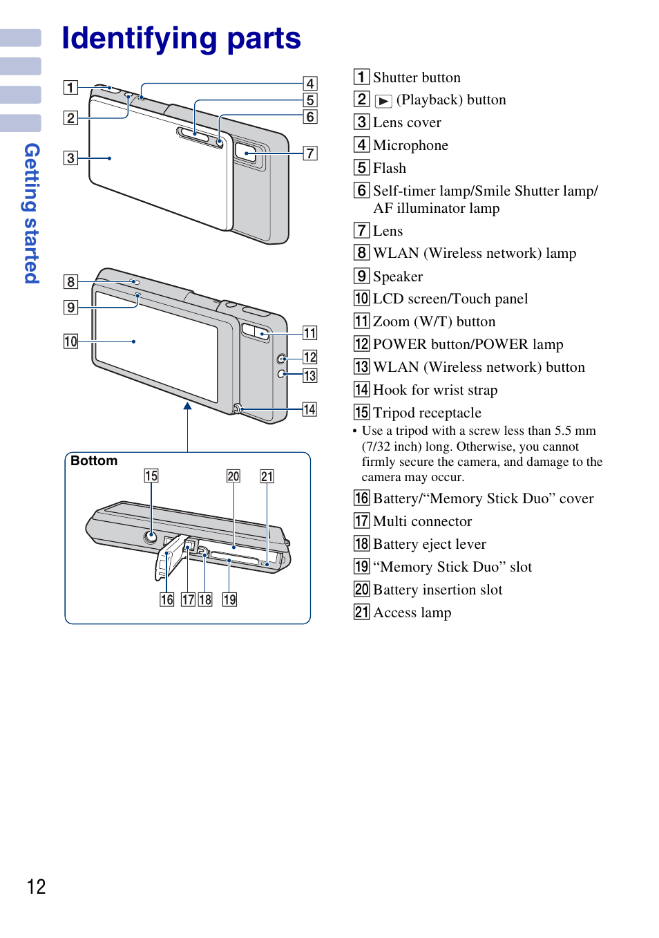 Identifying parts | Sony DSC-G3 User Manual | Page 12 / 64