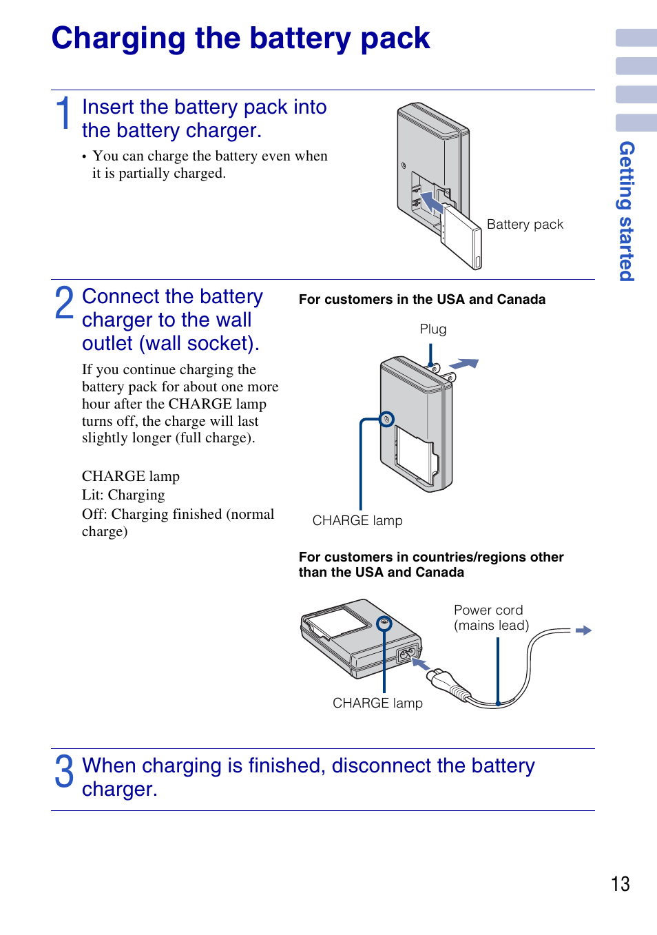 Charging the battery pack | Sony DSC-G3 User Manual | Page 13 / 64