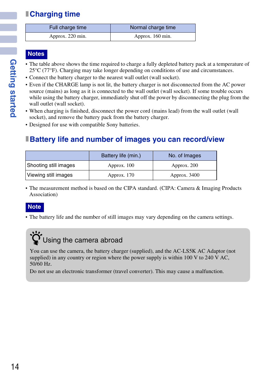 14 get ting st art e d, Xcharging time | Sony DSC-G3 User Manual | Page 14 / 64