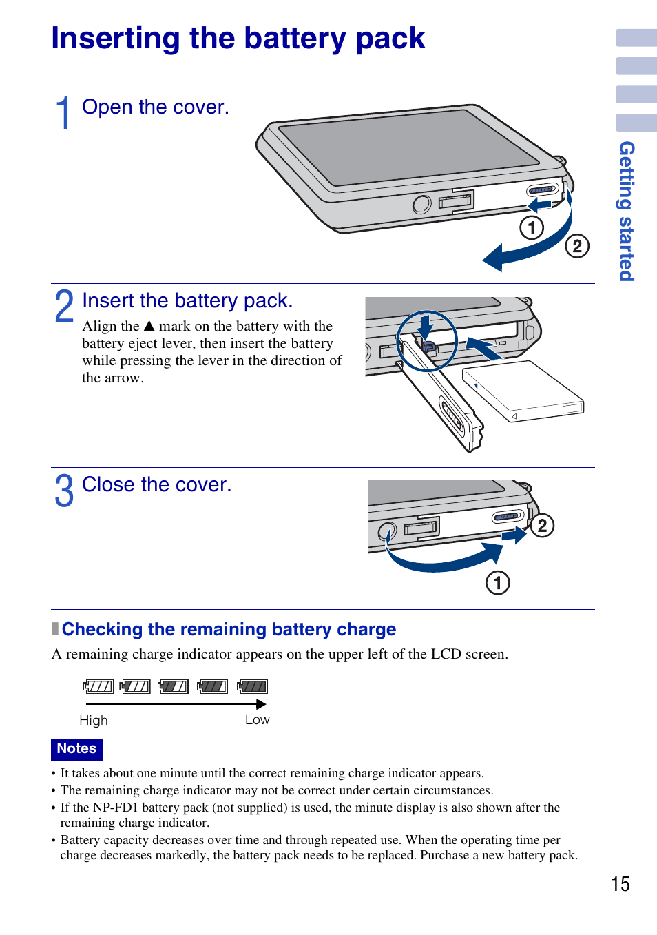 Inserting the battery pack | Sony DSC-G3 User Manual | Page 15 / 64