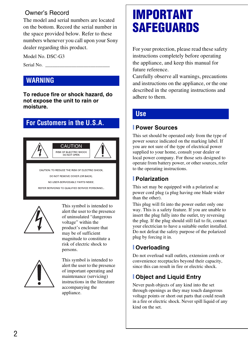 Important safeguards, Warning for customers in the u.s.a | Sony DSC-G3 User Manual | Page 2 / 64