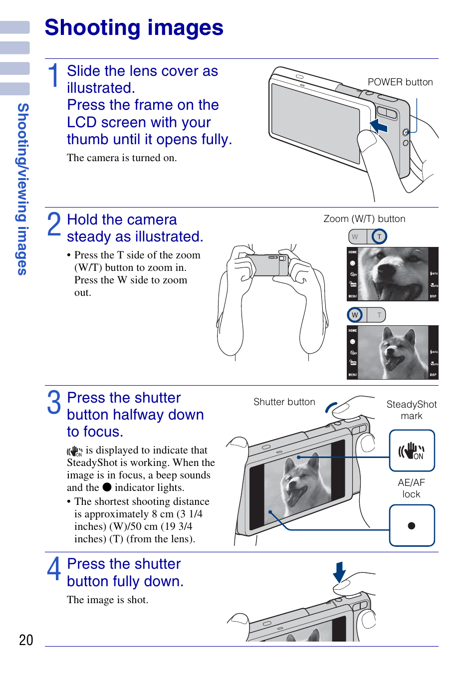 Shooting/viewing images, Shooting images | Sony DSC-G3 User Manual | Page 20 / 64