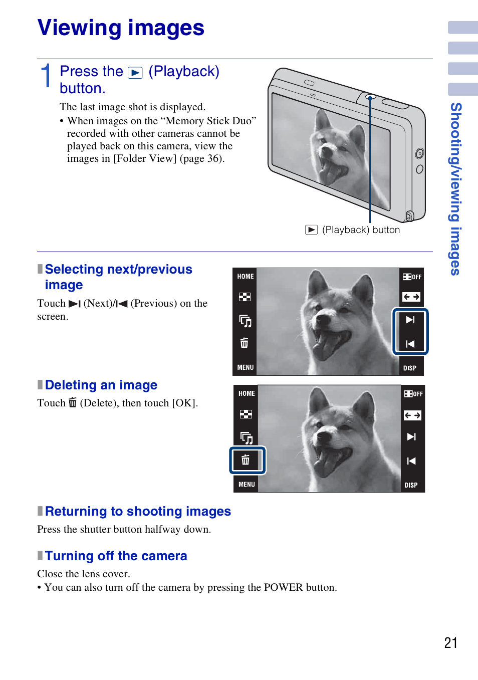 Viewing images | Sony DSC-G3 User Manual | Page 21 / 64