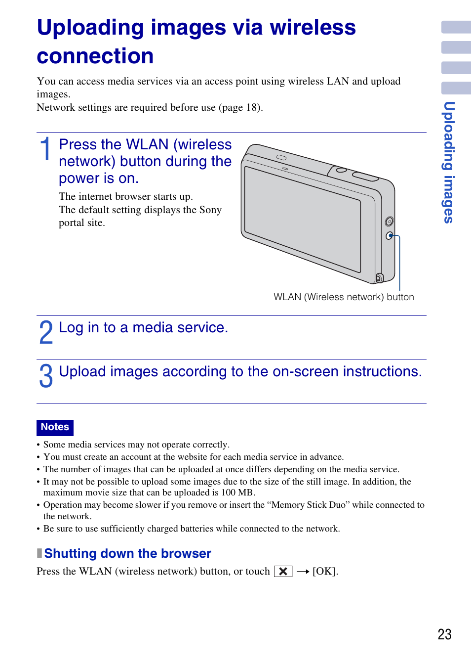 Uploading images, Uploading images via wireless connection | Sony DSC-G3 User Manual | Page 23 / 64