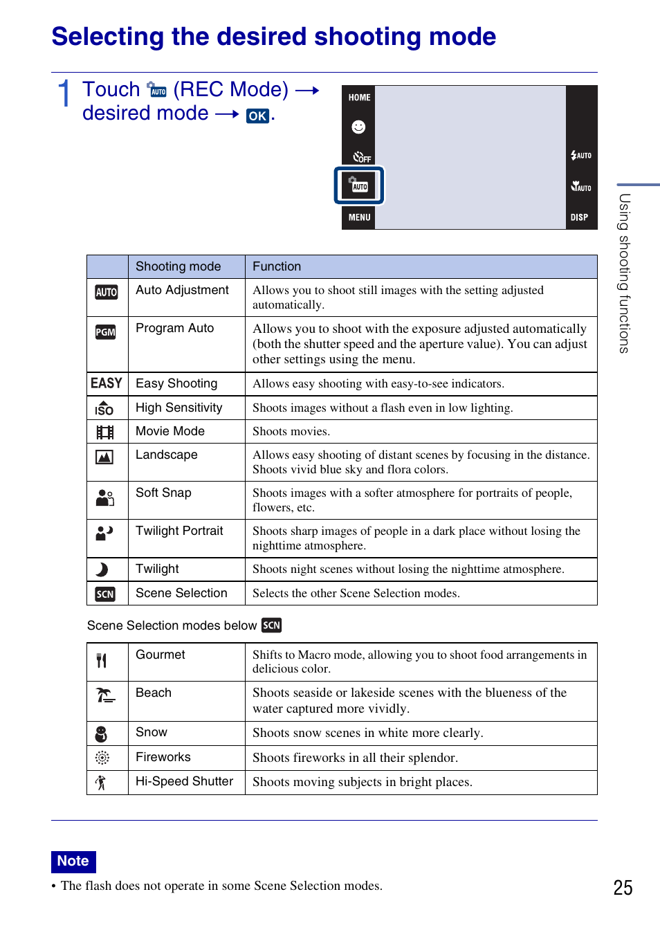 Using shooting functions, Selecting the desired shooting mode, Touch (rec mode) t desired mode t | Sony DSC-G3 User Manual | Page 25 / 64