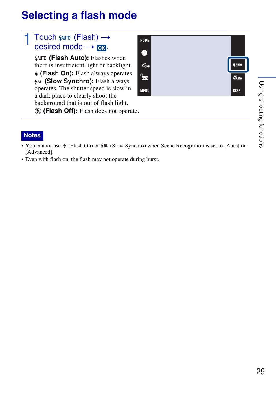 Selecting a flash mode | Sony DSC-G3 User Manual | Page 29 / 64