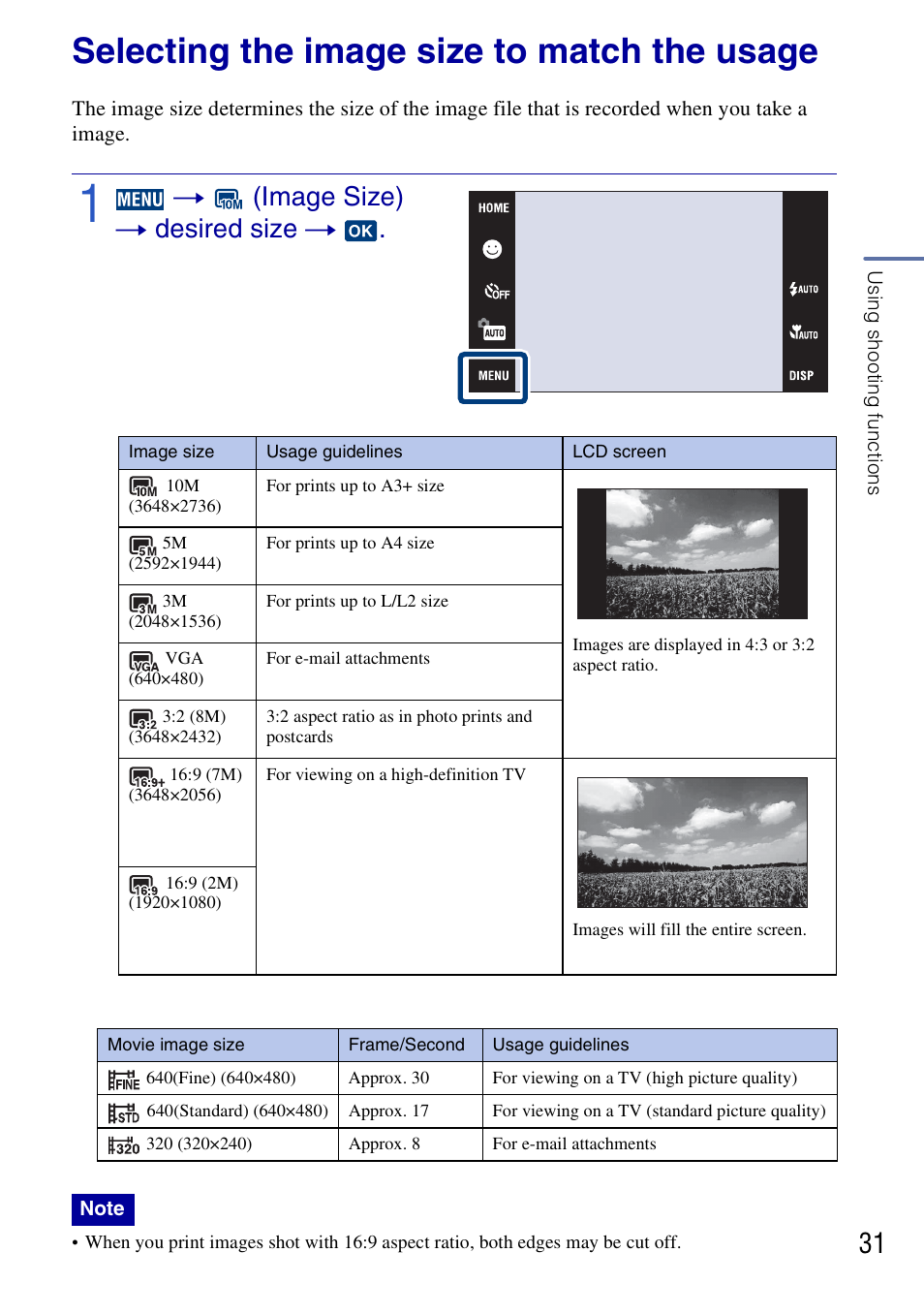 Selecting the image size to match the usage, T (image size) t desired size t | Sony DSC-G3 User Manual | Page 31 / 64