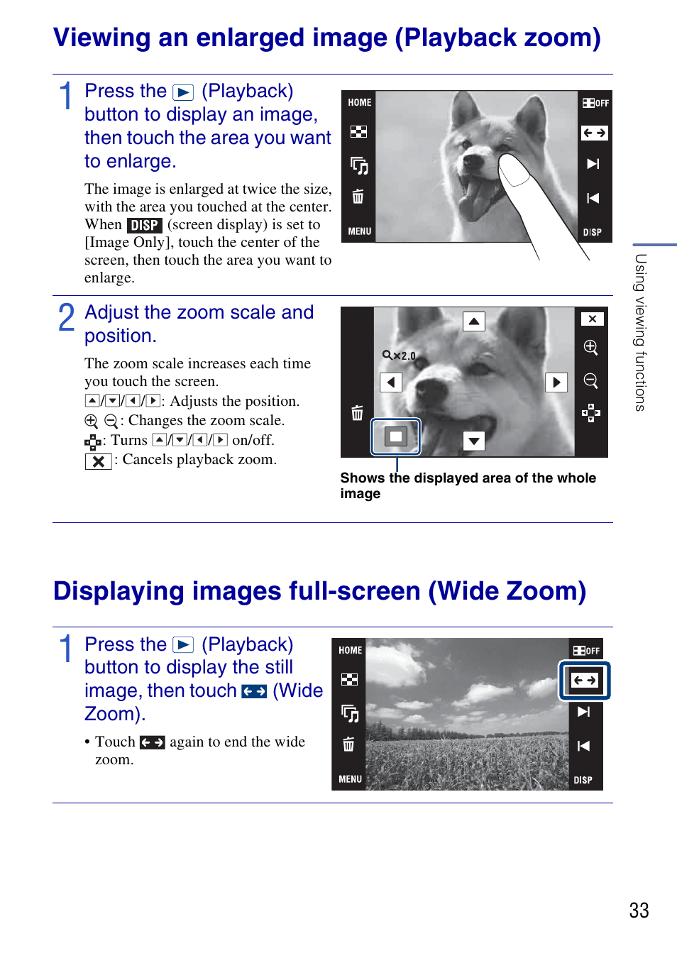 Using viewing functions, Viewing an enlarged image (playback zoom), Displaying images full-screen (wide zoom) | Sony DSC-G3 User Manual | Page 33 / 64