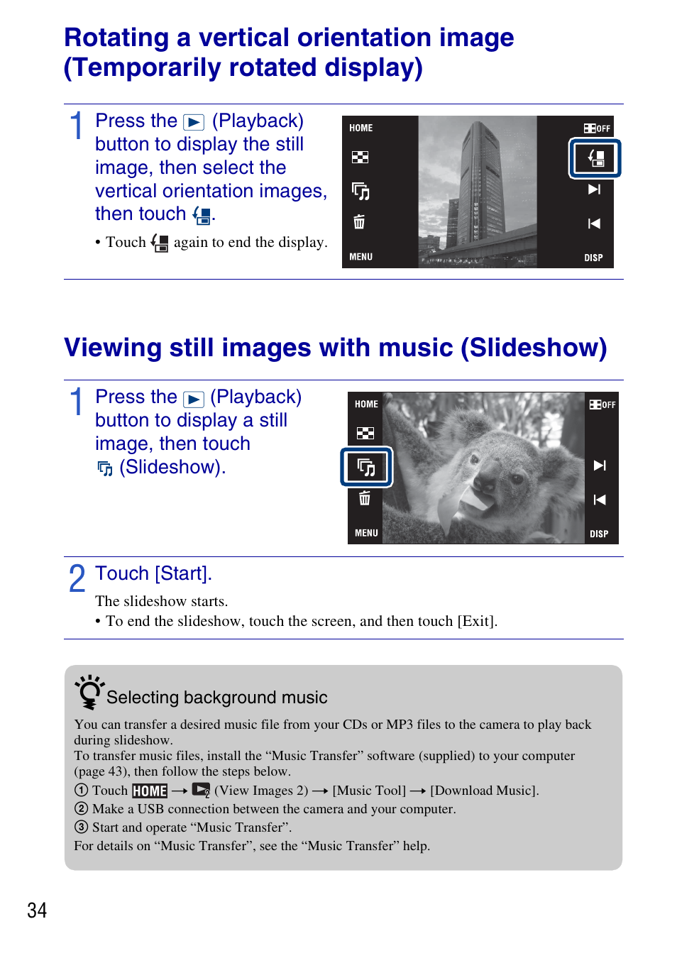 Viewing still images with music (slideshow) | Sony DSC-G3 User Manual | Page 34 / 64