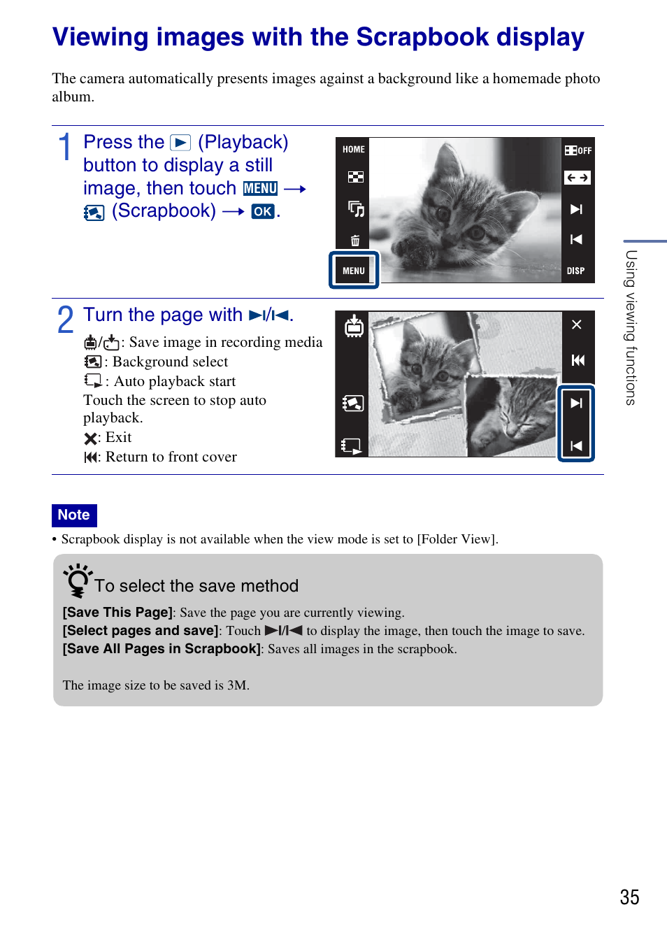 Viewing images with the scrapbook display | Sony DSC-G3 User Manual | Page 35 / 64