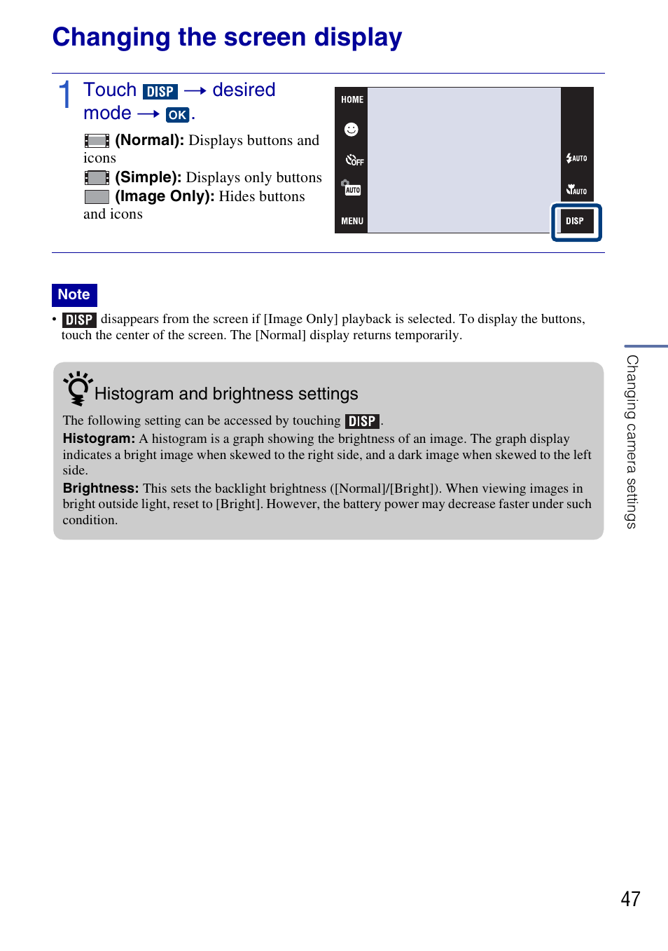 Changing camera settings, Changing the screen display | Sony DSC-G3 User Manual | Page 47 / 64