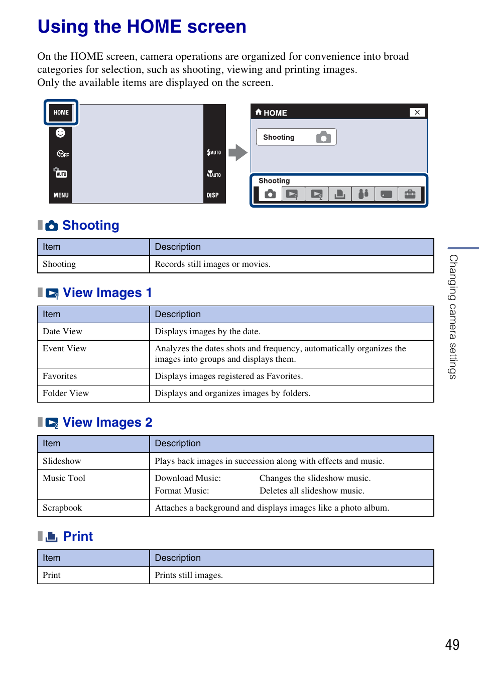 Using the home screen, Xshooting x view images 1 x view images 2 x print | Sony DSC-G3 User Manual | Page 49 / 64