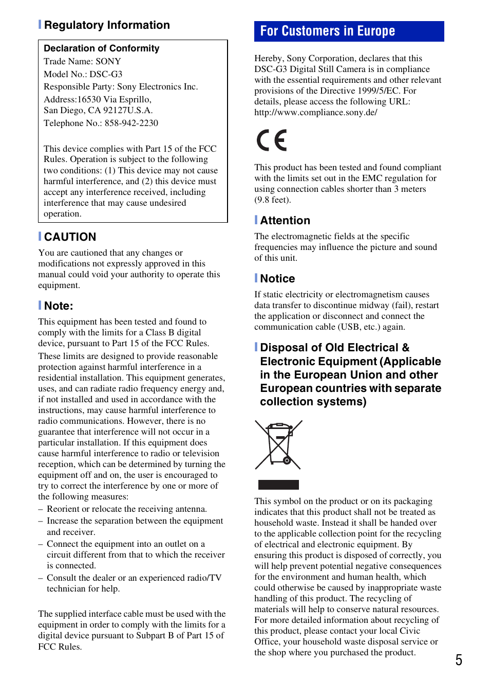 For customers in europe | Sony DSC-G3 User Manual | Page 5 / 64