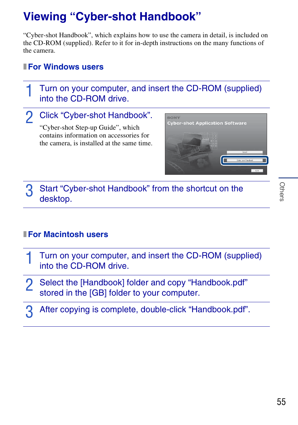 Others, Viewing “cyber-shot handbook | Sony DSC-G3 User Manual | Page 55 / 64