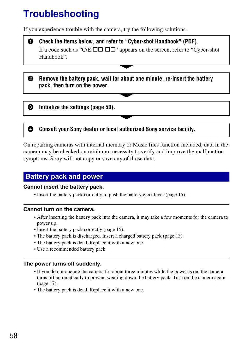 Troubleshooting, Battery pack and power | Sony DSC-G3 User Manual | Page 58 / 64