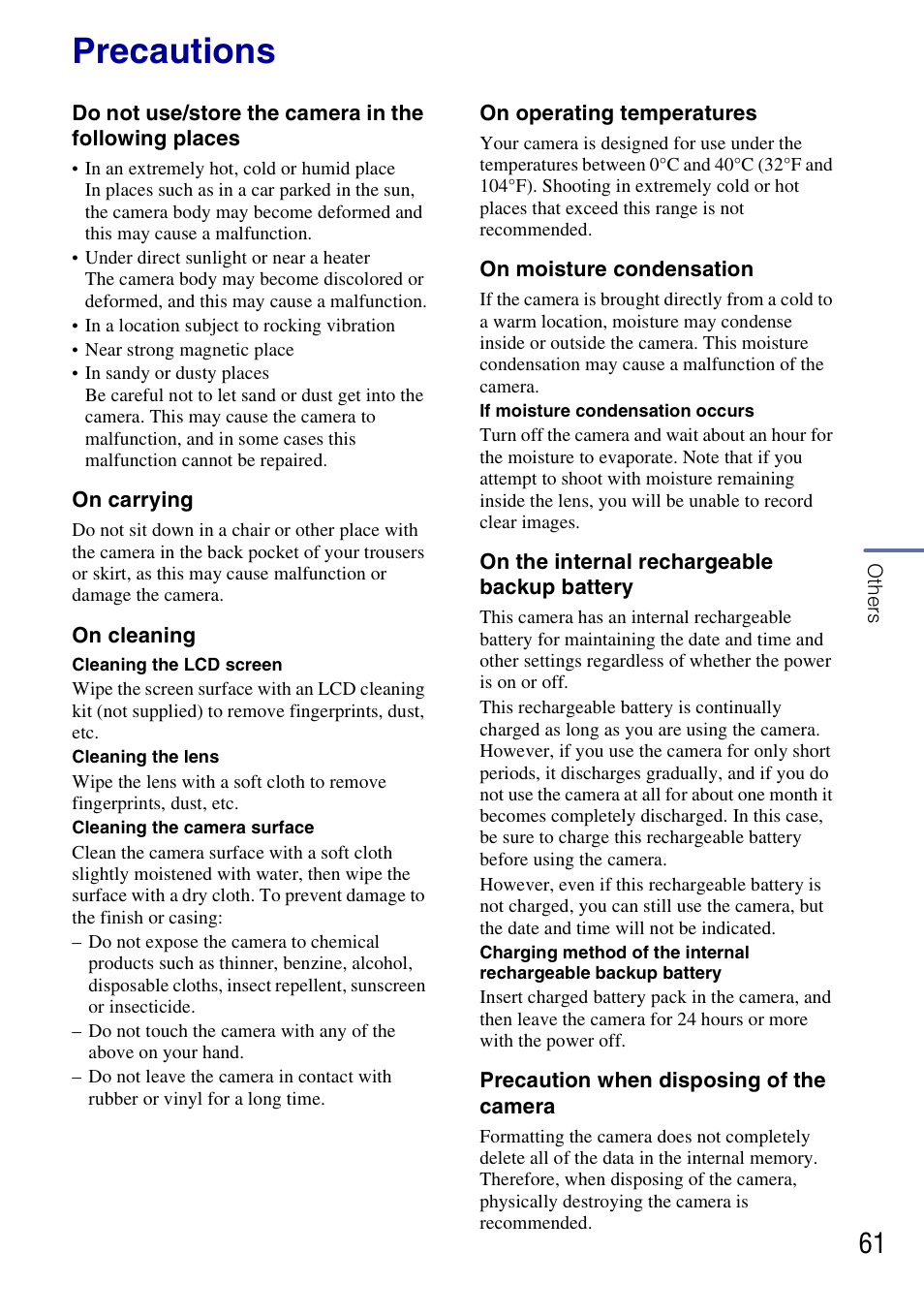 Precautions | Sony DSC-G3 User Manual | Page 61 / 64