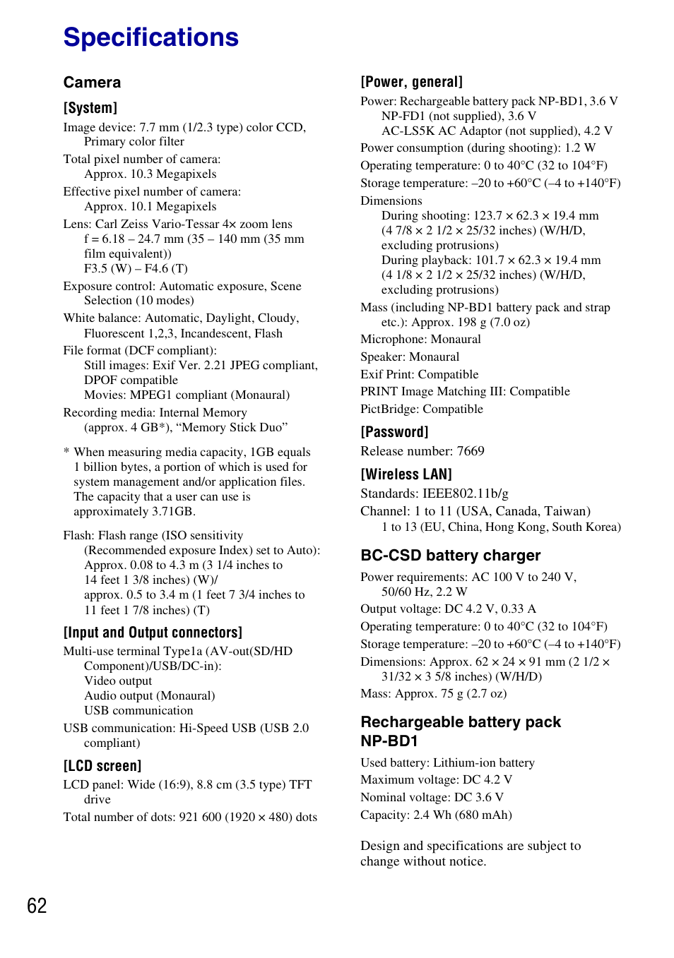 Specifications | Sony DSC-G3 User Manual | Page 62 / 64