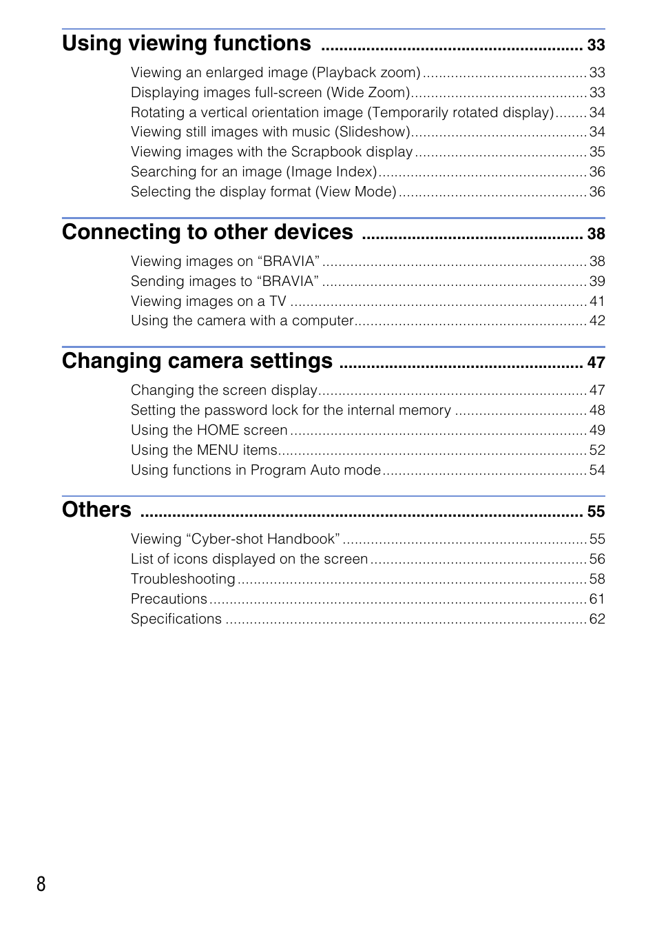 Using viewing functions, Connecting to other devices, Changing camera settings | Others | Sony DSC-G3 User Manual | Page 8 / 64