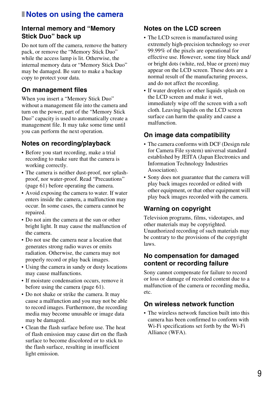 Notes on using the camera | Sony DSC-G3 User Manual | Page 9 / 64