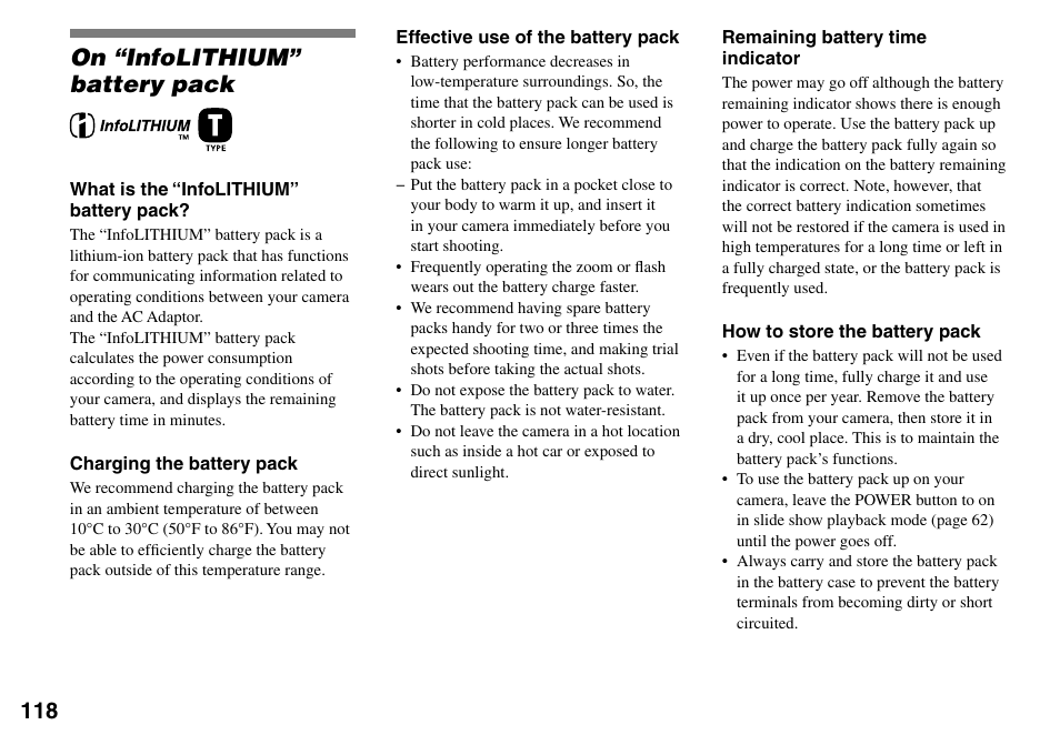 On “infolithium” battery pack | Sony DSC-L1 User Manual | Page 118 / 128