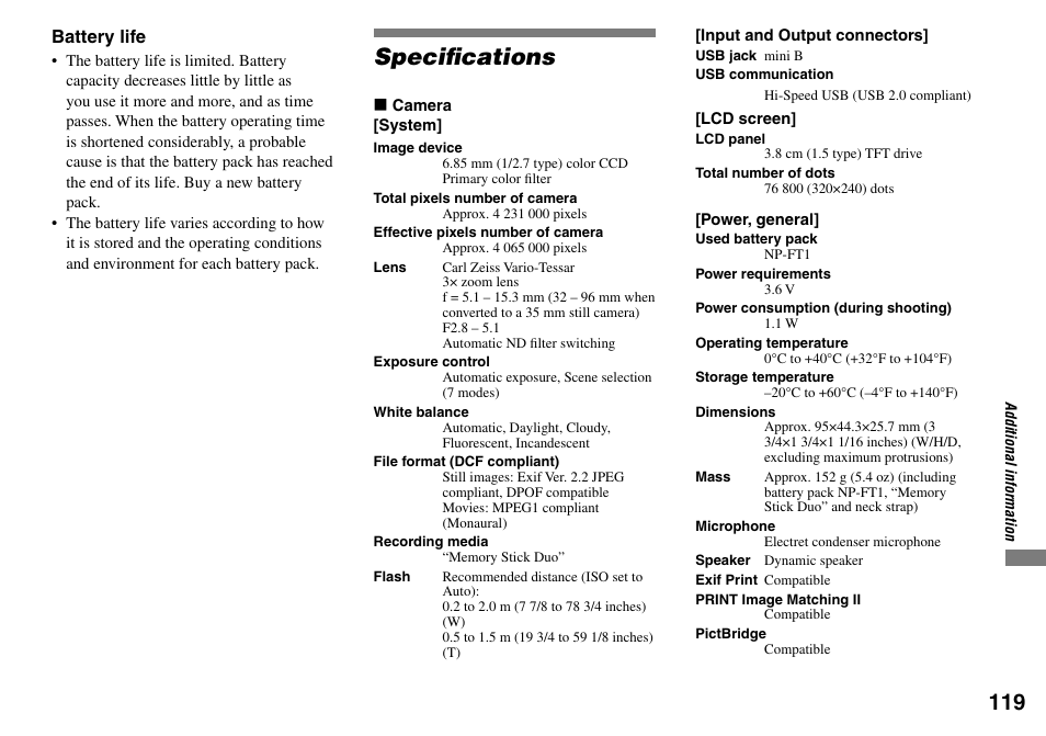 Speciﬁcations, Battery life | Sony DSC-L1 User Manual | Page 119 / 128