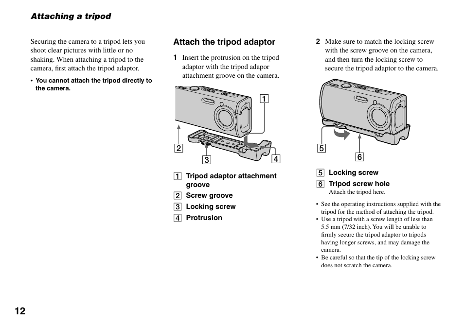 Attaching a tripod | Sony DSC-L1 User Manual | Page 12 / 128