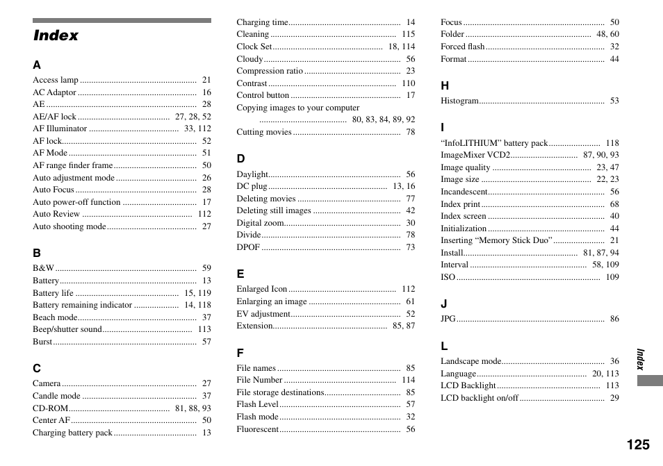 Index | Sony DSC-L1 User Manual | Page 125 / 128