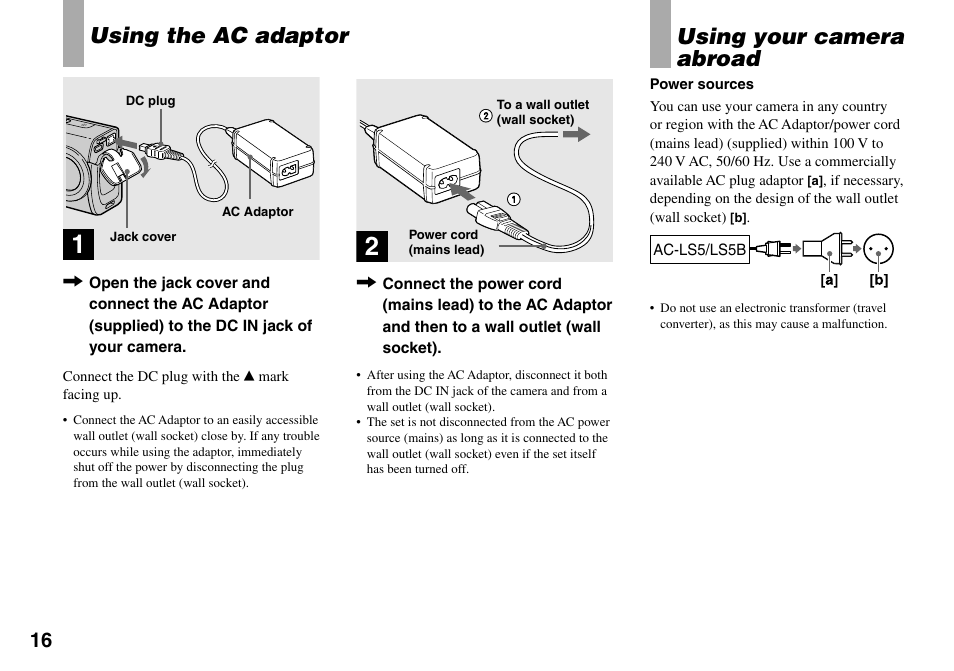 Using the ac adaptor using your camera abroad, Using the ac adaptor, Using your camera abroad | Sony DSC-L1 User Manual | Page 16 / 128