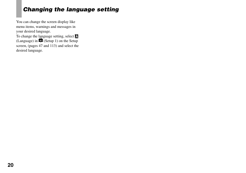 Changing the language setting | Sony DSC-L1 User Manual | Page 20 / 128