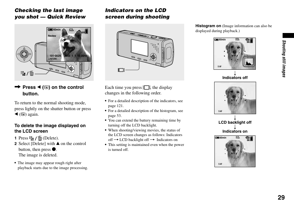 Checking the last image you shot, Quick review, Indicators on the lcd screen during | Shooting, Checking the last image you shot — quick review, Indicators on the lcd screen during shooting, Press  (  ) on the control button | Sony DSC-L1 User Manual | Page 29 / 128