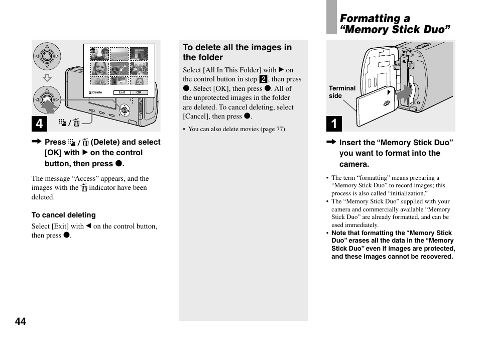 Formatting a “memory stick duo | Sony DSC-L1 User Manual | Page 44 / 128