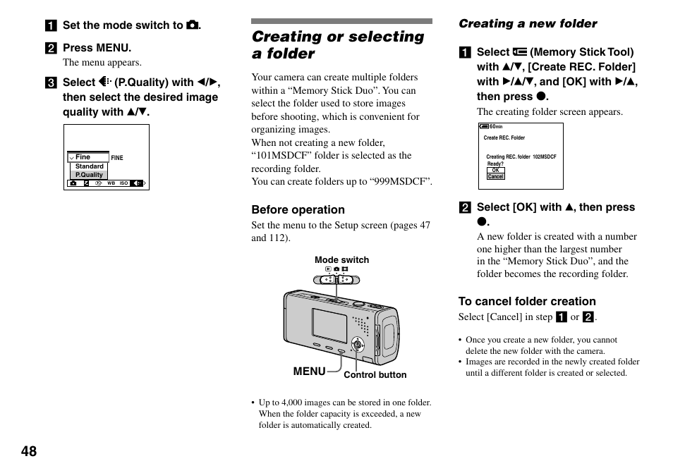 Creating or selecting a folder, Creating a new folder | Sony DSC-L1 User Manual | Page 48 / 128