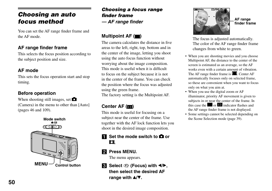 Advanced still image shooting, Choosing an auto focus method, Choosing a focus range ﬁnder frame | Af range ﬁnder | Sony DSC-L1 User Manual | Page 50 / 128