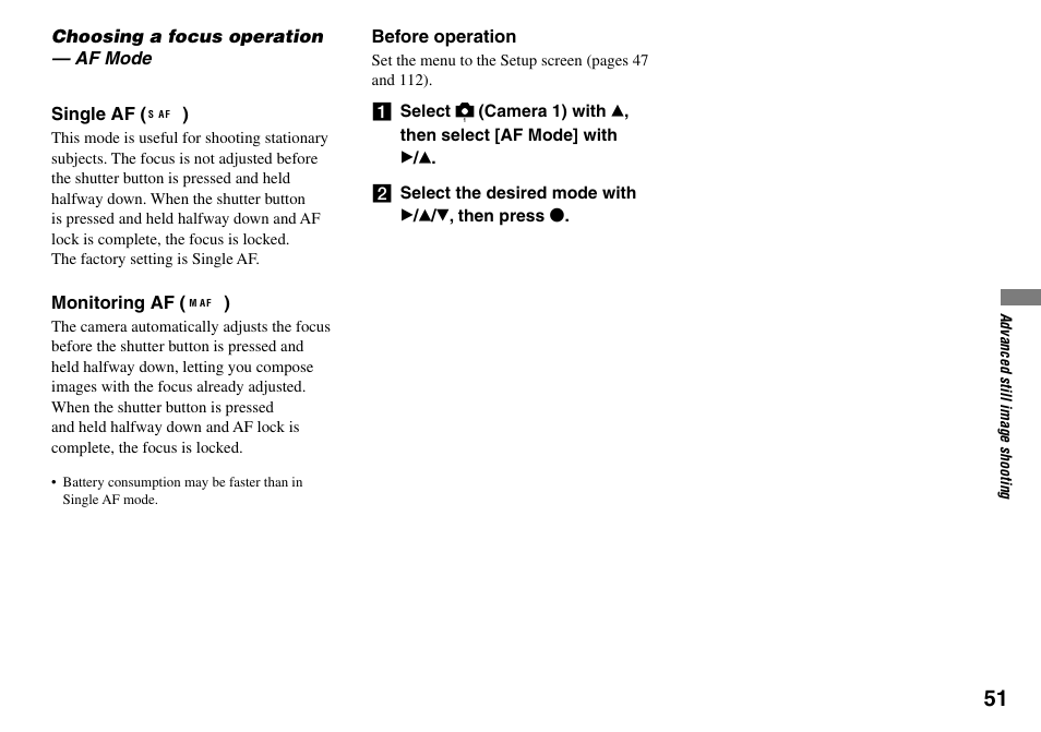 Choosing a focus operation, Af mode | Sony DSC-L1 User Manual | Page 51 / 128