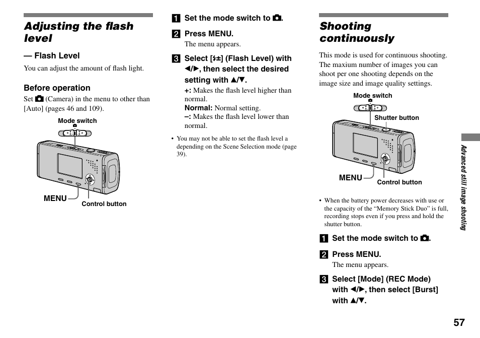 Adjusting the ﬂash level, Flash level, Shooting continuously | Sony DSC-L1 User Manual | Page 57 / 128