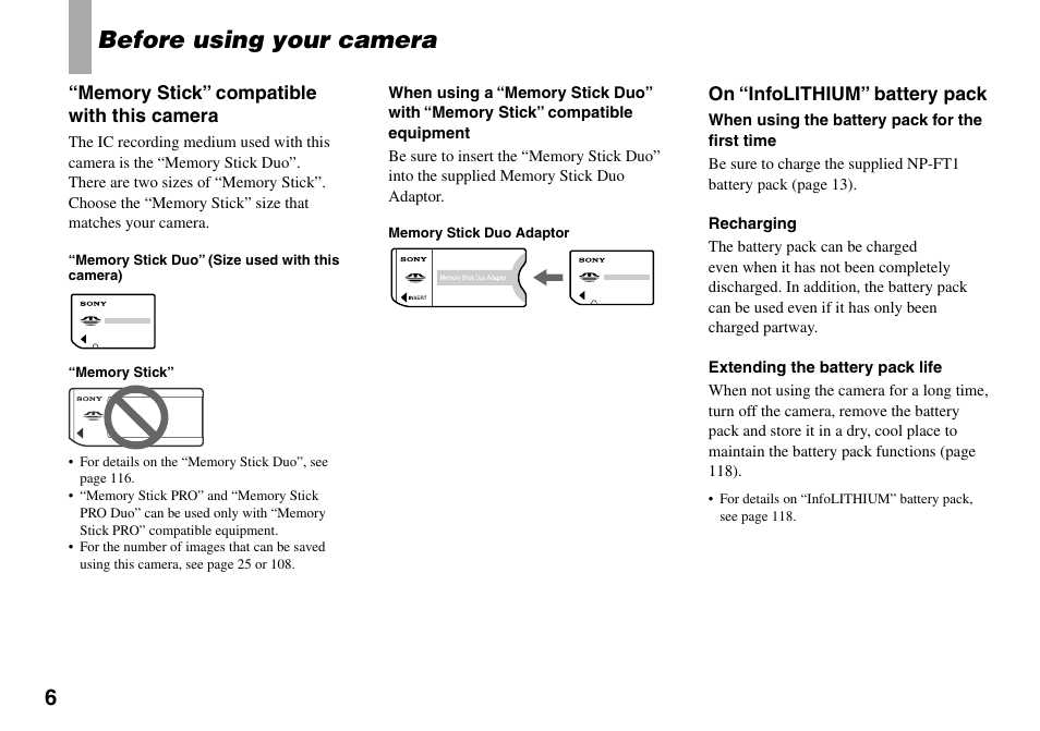 Before using your camera | Sony DSC-L1 User Manual | Page 6 / 128