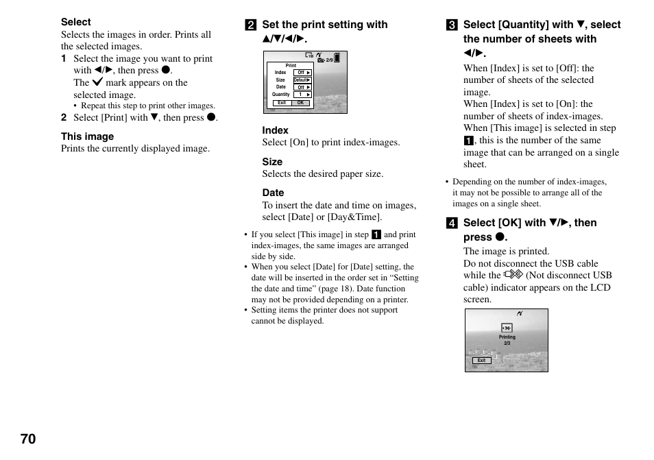 Set the print setting with, Select [ok] with  /  , then press | Sony DSC-L1 User Manual | Page 70 / 128