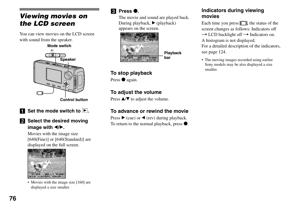 Viewing movies on the lcd screen, Indicators during viewing movies, Press | Sony DSC-L1 User Manual | Page 76 / 128