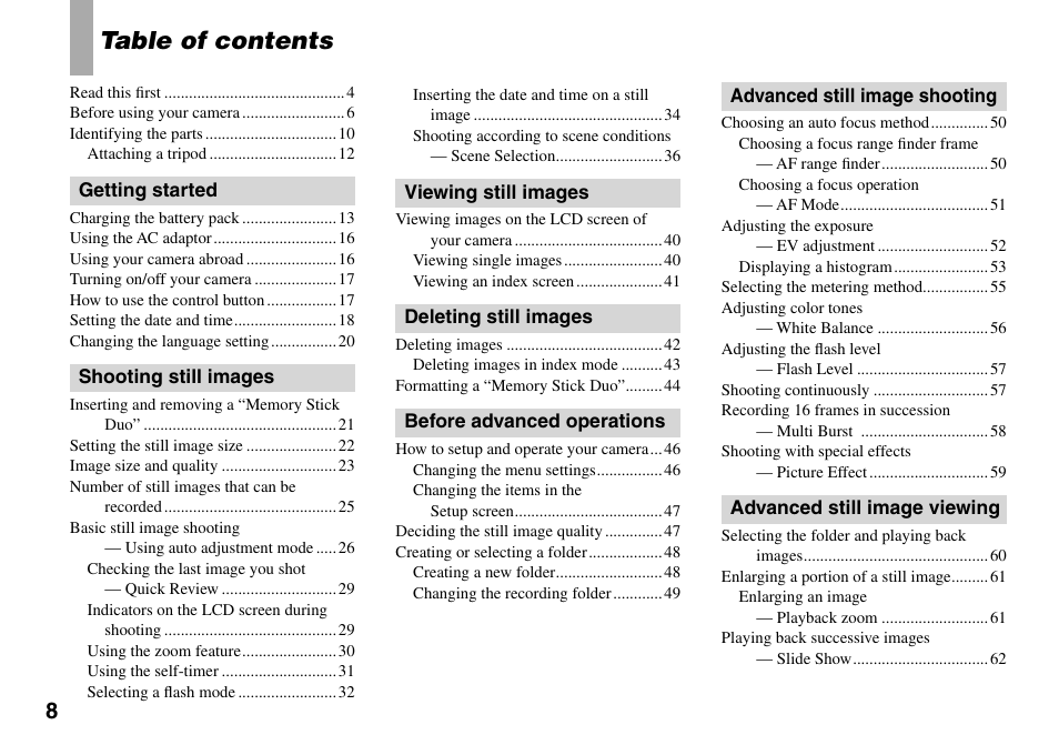 Sony DSC-L1 User Manual | Page 8 / 128