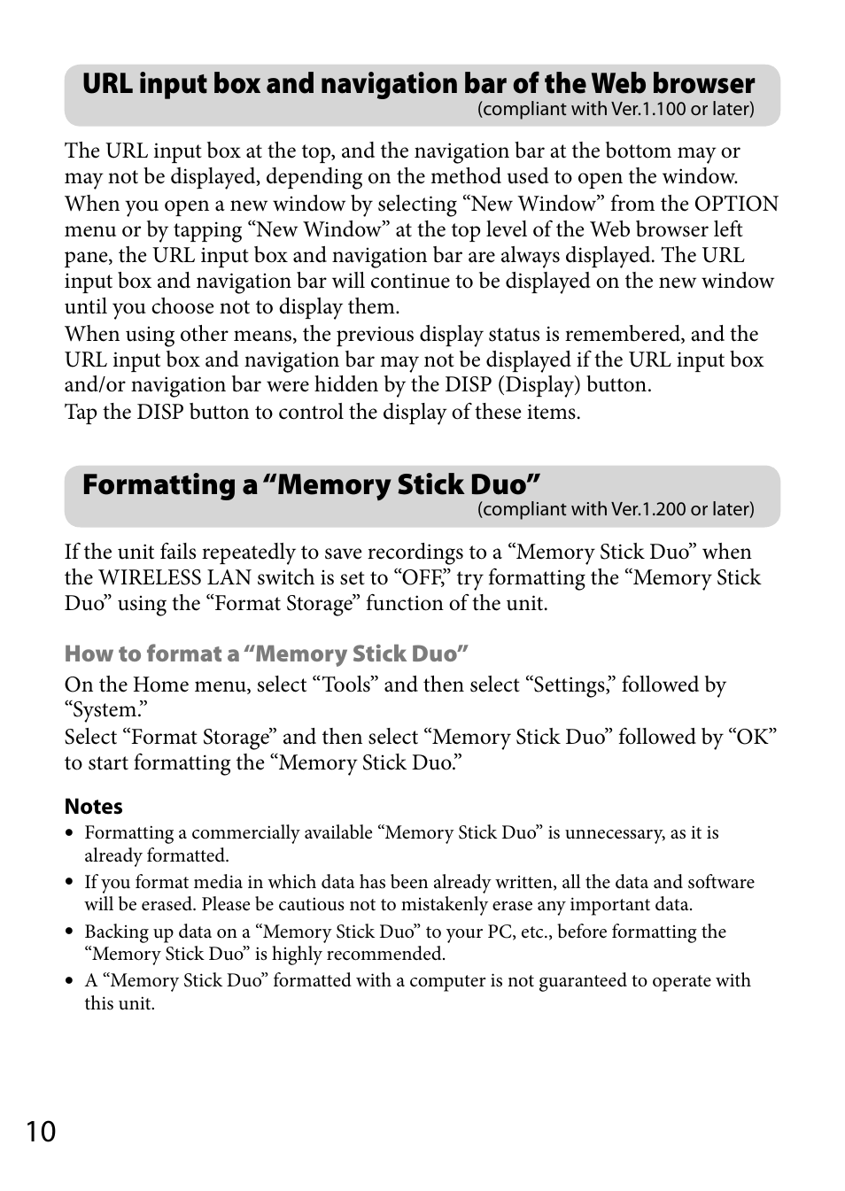 Formatting a “memory stick duo, Compliant with ver.1.100 or later), Compliant with ver.1.200 or later) | Sony COM-2BLACK User Manual | Page 10 / 12