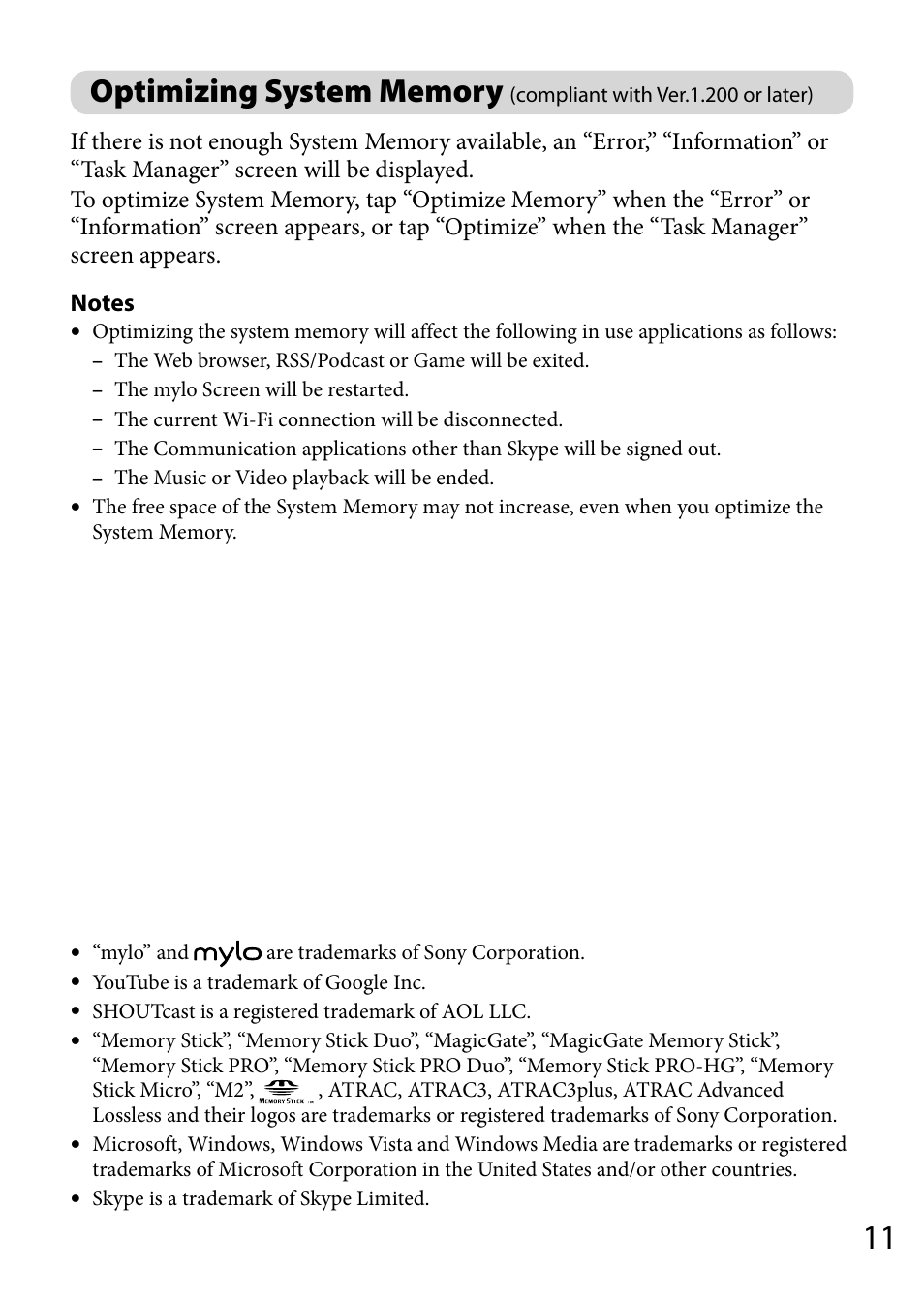 Optimizing system memory, Compliant with ver.1.200 or later) | Sony COM-2BLACK User Manual | Page 11 / 12