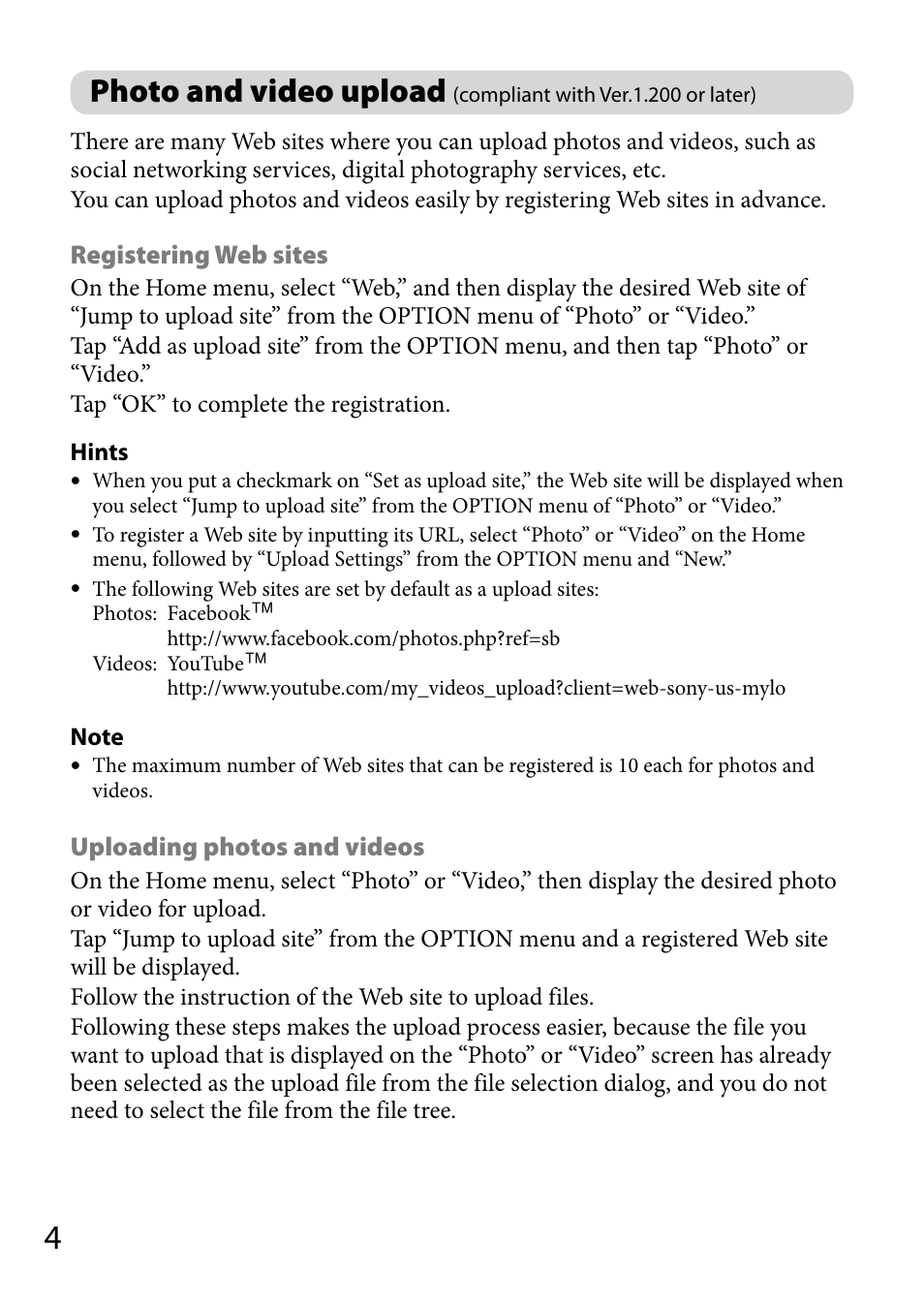 Photo and video upload, Compliant with ver.1.200 or later) | Sony COM-2BLACK User Manual | Page 4 / 12