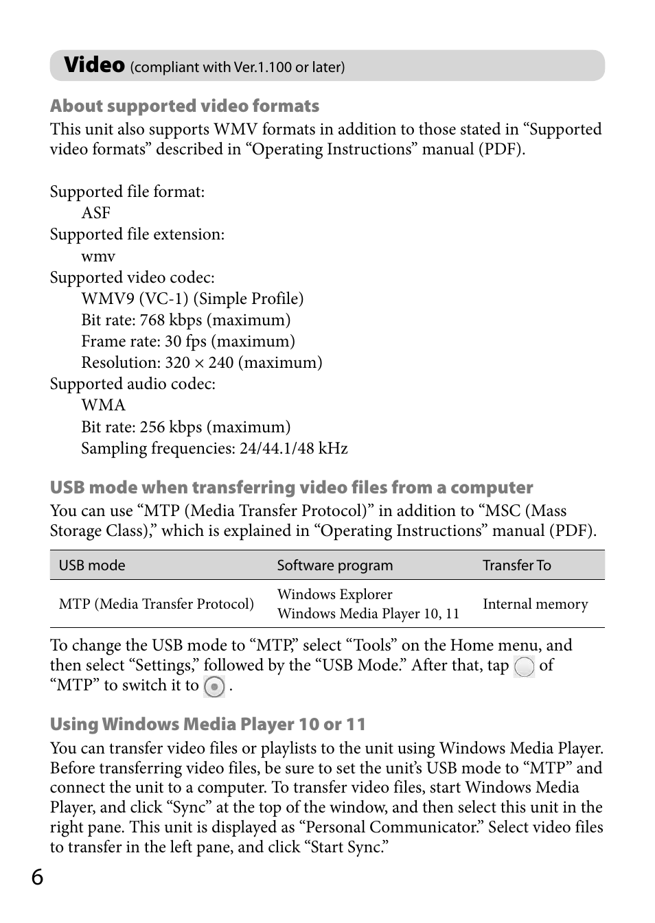 Video, Compliant with ver.1.100 or later) | Sony COM-2BLACK User Manual | Page 6 / 12