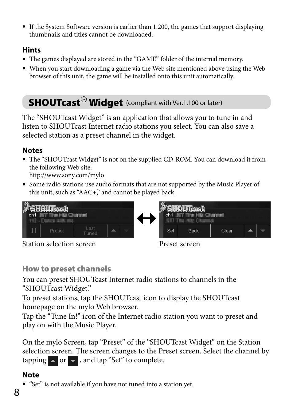 Shoutcast(r) widget, Shoutcast, Widget | Compliant with ver.1.100 or later) | Sony COM-2BLACK User Manual | Page 8 / 12