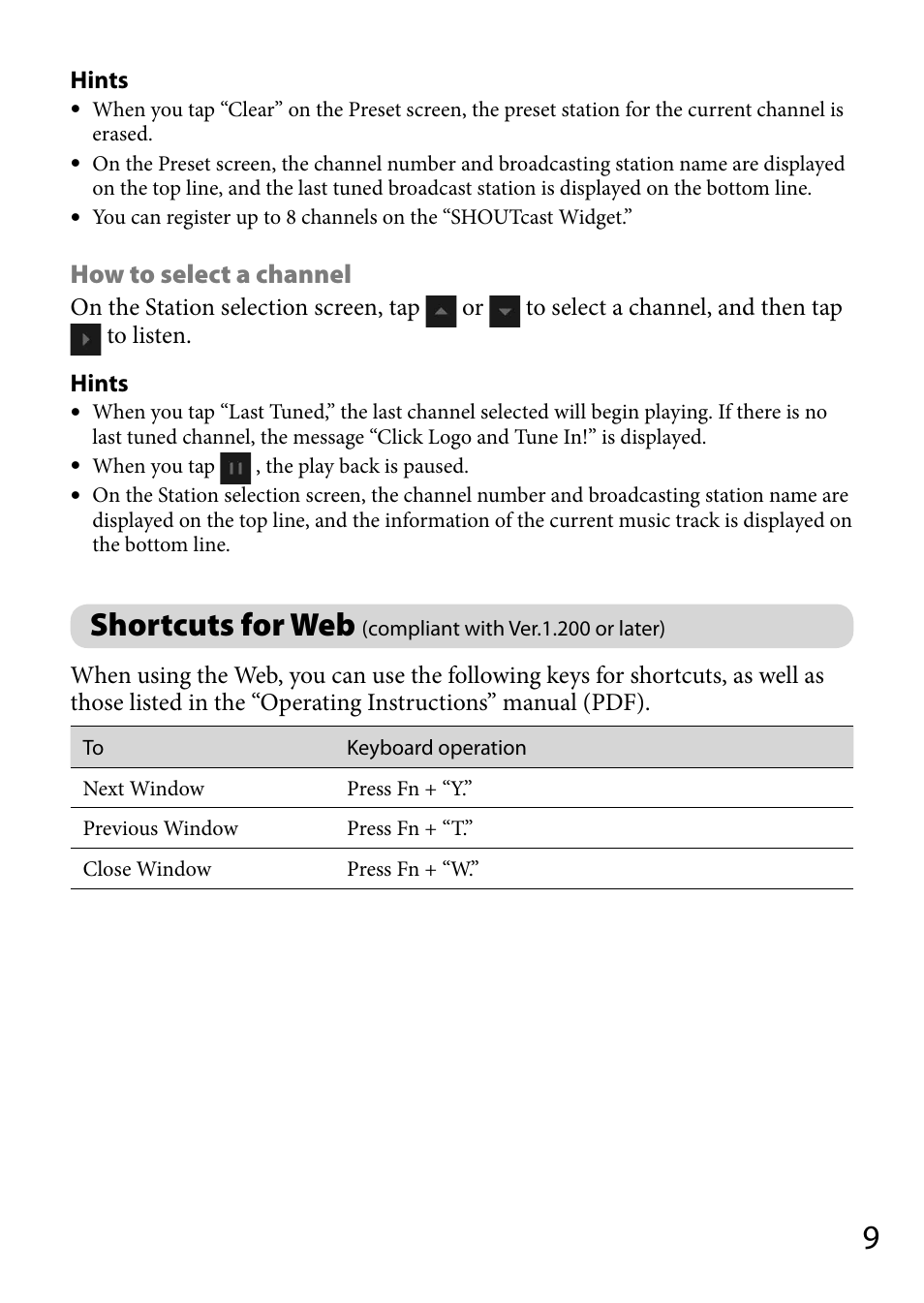 Shortcuts for web, Compliant with ver.1.200 or later) | Sony COM-2BLACK User Manual | Page 9 / 12