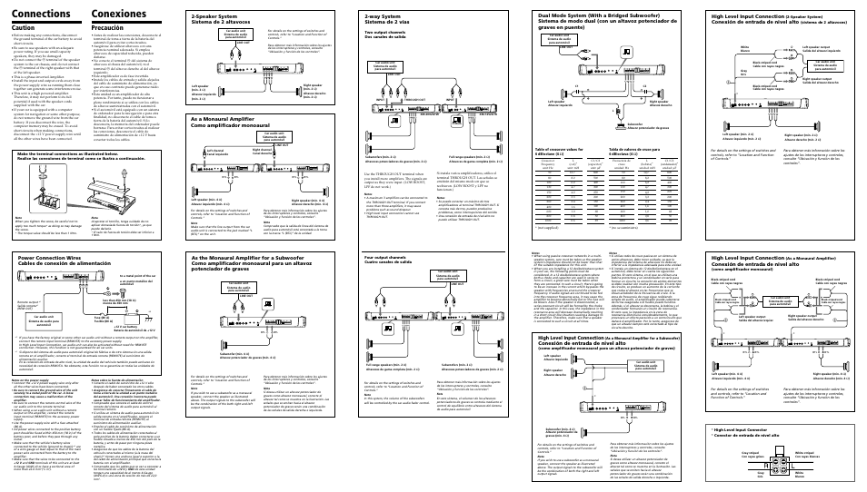 Connections, Conexiones, Caution | Precaución, Speaker system sistema de 2 altavoces, Way system sistema de 2 vías, High level input connection, Conexión de entrada de nivel alto, High level input connector, Conector de entrada de nivel alto | Sony XM-2002GTW User Manual | Page 2 / 2