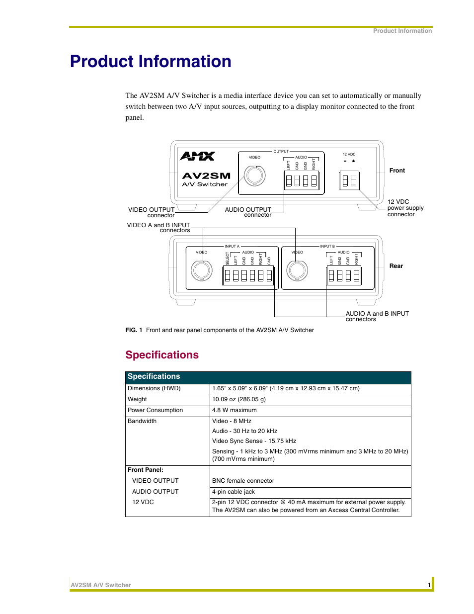 Product information, Specifications | AMX AV2SM User Manual | Page 5 / 12