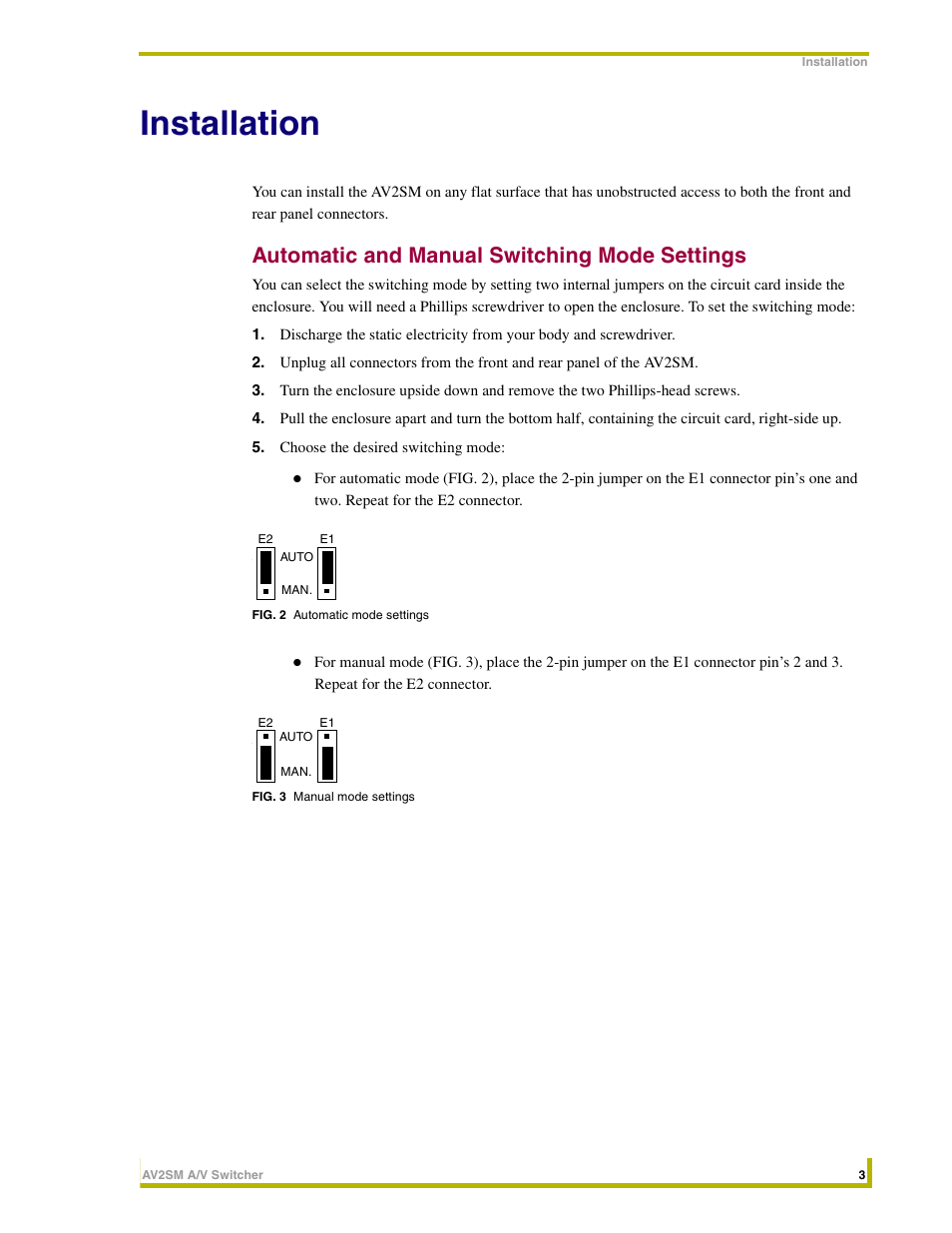 Installation, Automatic and manual switching mode settings | AMX AV2SM User Manual | Page 7 / 12
