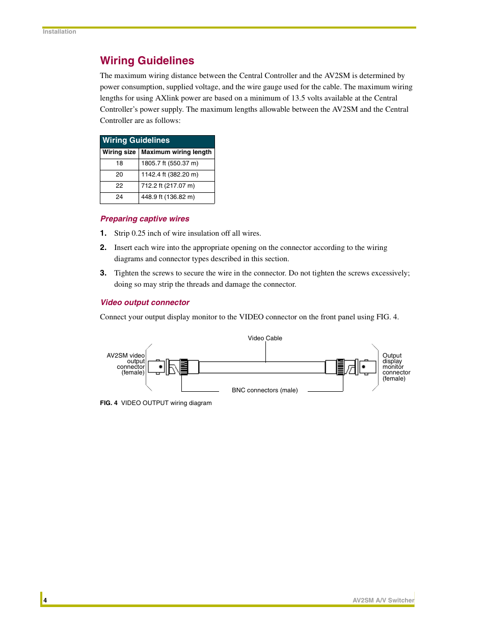 Wiring guidelines, Preparing captive wires, Video output connector | AMX AV2SM User Manual | Page 8 / 12