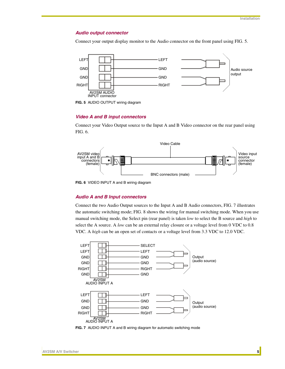 Audio output connector, Video a and b input connectors, Audio a and b input connectors | AMX AV2SM User Manual | Page 9 / 12